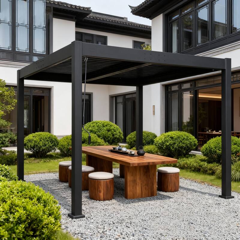 Scott Living Modern Outdoor Aluminum Pergola with Adjustable Louver Roof in Black