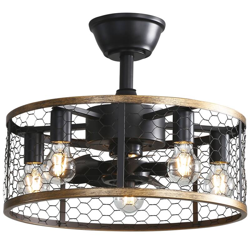 20" Caged Ceiling Fan 5 Pieces Bulb Lights Kit, Remote Control,Matte Black - Black - Downrod Caged Fan Light