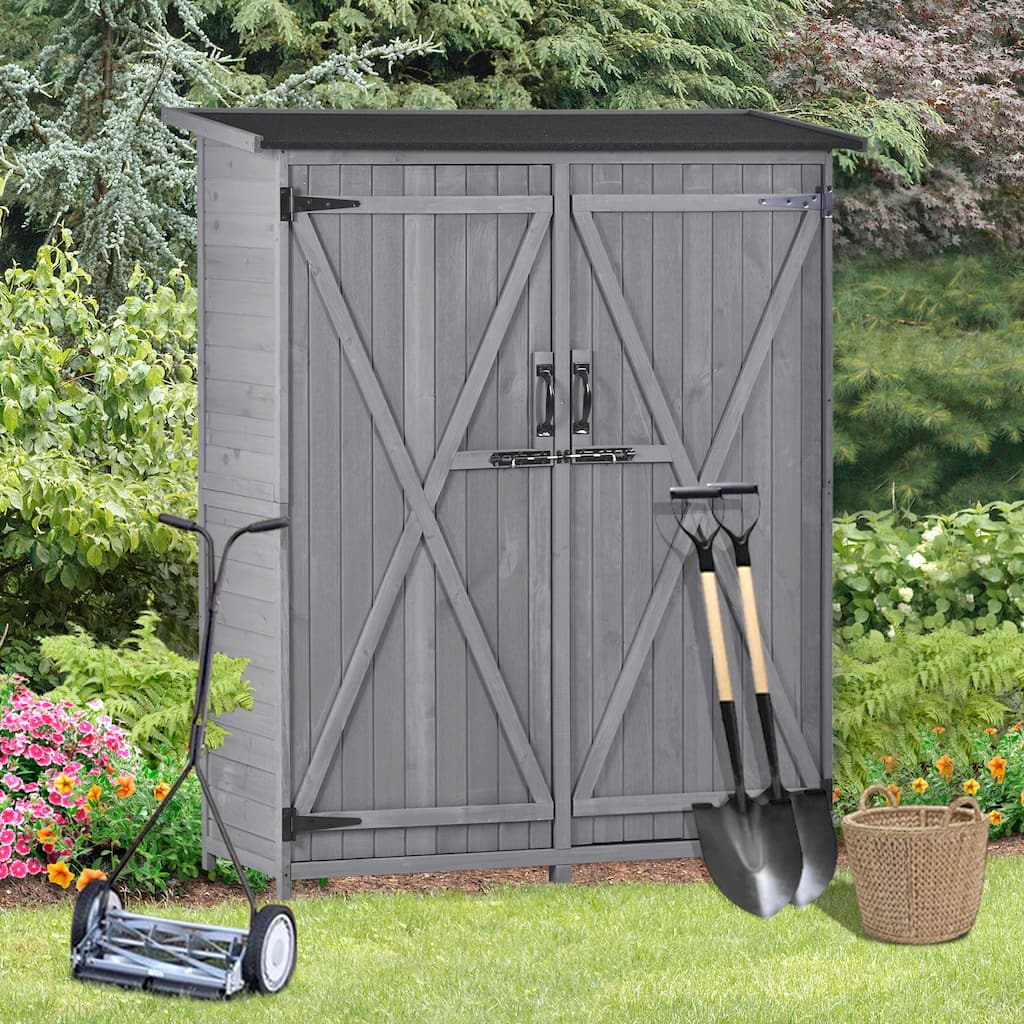 Wood Tool Organizer Garden Storage Cabinet Shed with Waterproof Asphalt Roof, Double Lockable Doors and 3-tier Shelves