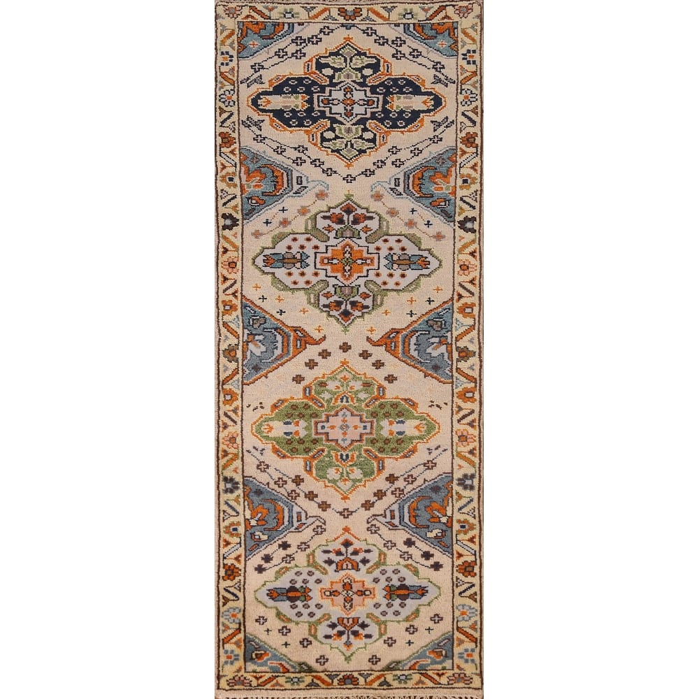 Geometric Heriz Serapi Runner Rug Hand-Knotted Beige Wool Carpet - 2'6" x 7'11"