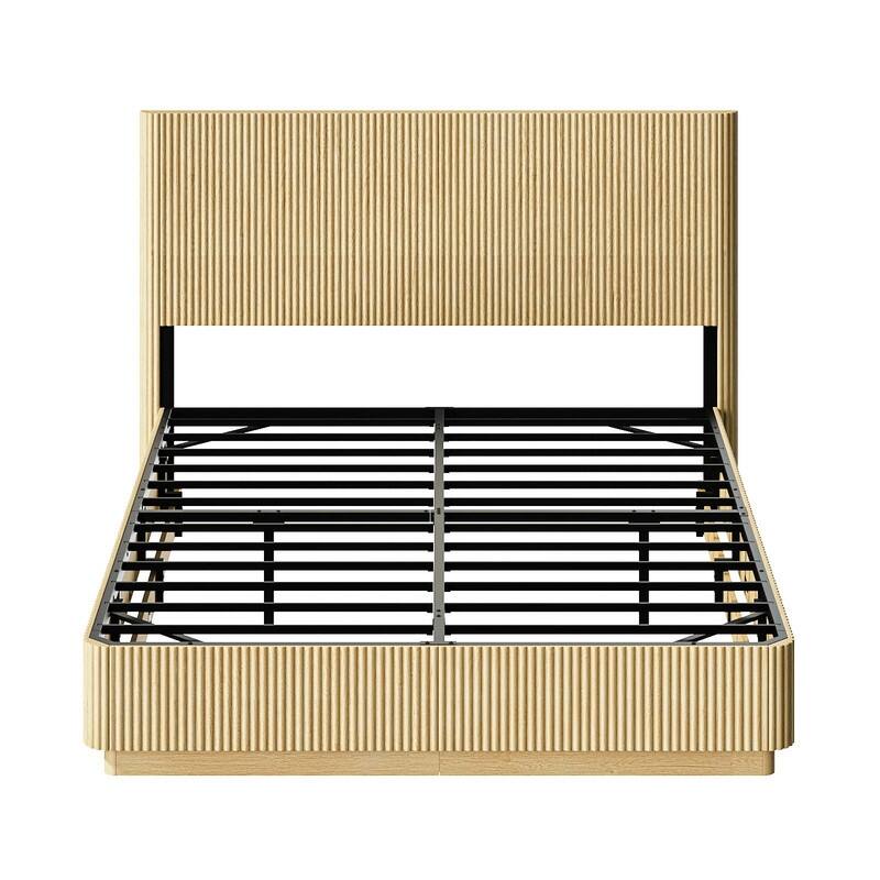 Queen Size Bed Frame with LED Lights, Modern Wooden Bed with Curved Corrugated Panels and Groove Design