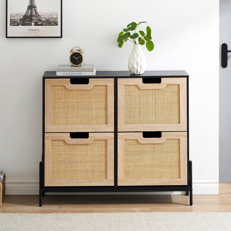 Natural Rattan 4 Flip Door Shoe Cabinet Organizer Freestanding, Modern Shoe Rack Storage Organizer - 39.4x9.4x34.6in - Black