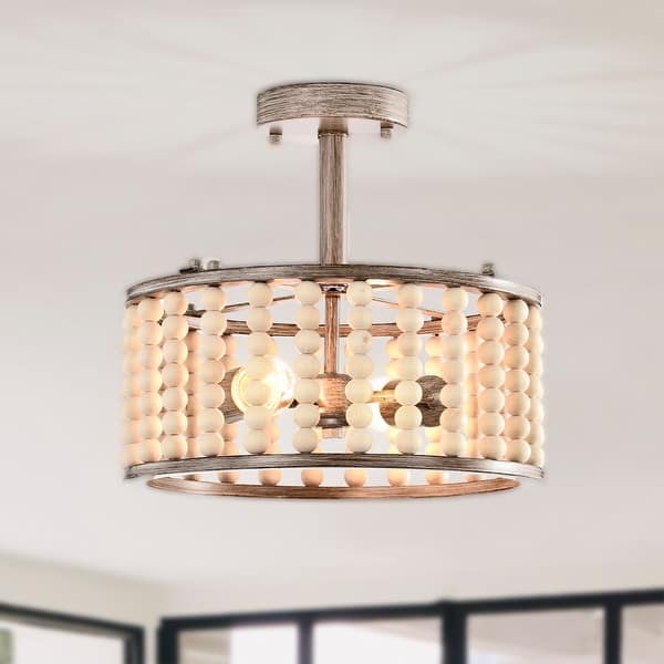 slide 2 of 12, Silas 14 Inch Drum Shape Bead Semi Flush Mount with 2 Light Imitation Wood Grain