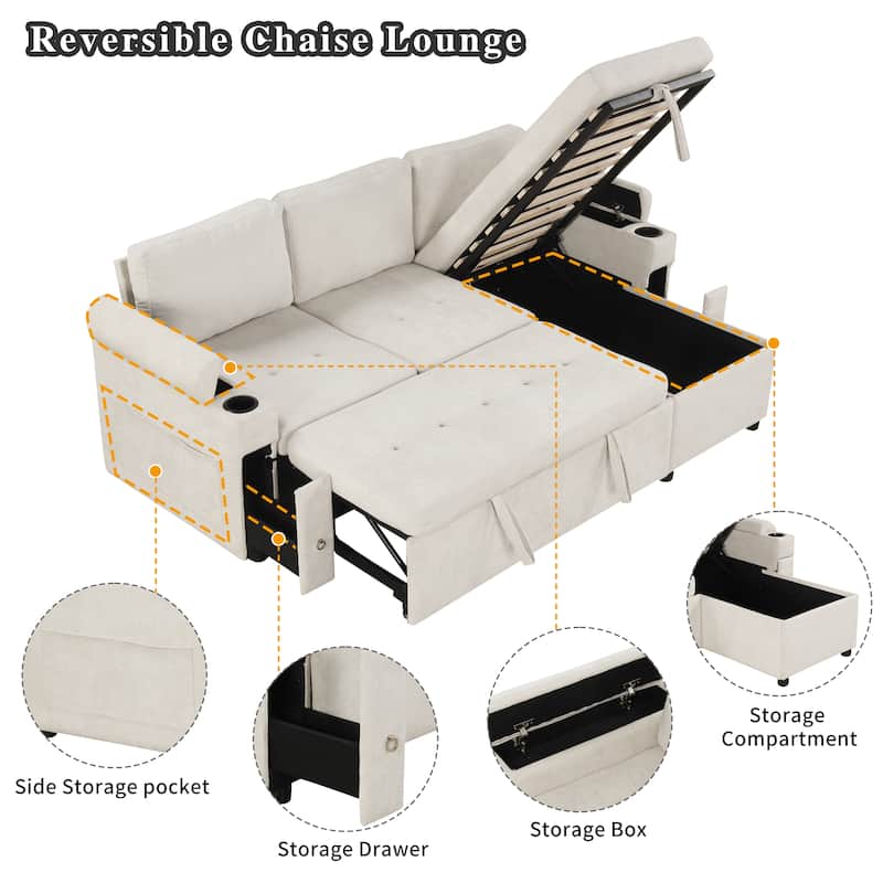 83.5" Chenille L-Shaped Sectional Sofa with Convertible Sofa Bed, Storage Chaise, Cup Holders & USB Ports