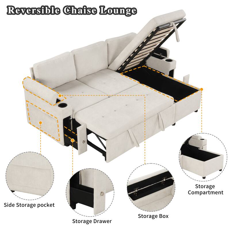 83.5" L-Shaped Convertible Sectional Sofa Bed with Storage Chaise Cup Holders USB Ports Chenille Couch for Living Room