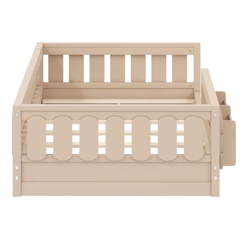 GDFStudio - Modern Wooden Full Size Platform Bed with Guardrail and Storage Shelves