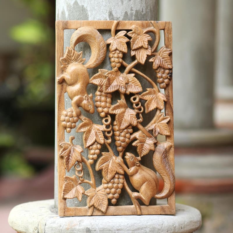 Novica Handmade Hungry Squirrel Wood Relief Panel