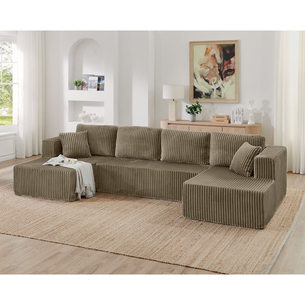 Roomfitters Modern U-Shaped Modular Sectional with Double Chaise Lounge Ribbed Corduroy Upholstered Living Room Couch