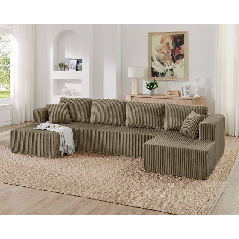 Roomfitters U-Shape Modular Sectional Sofa, Corduroy Sleeper Couch, Modern Compressed Sofa for Living Room - Brown