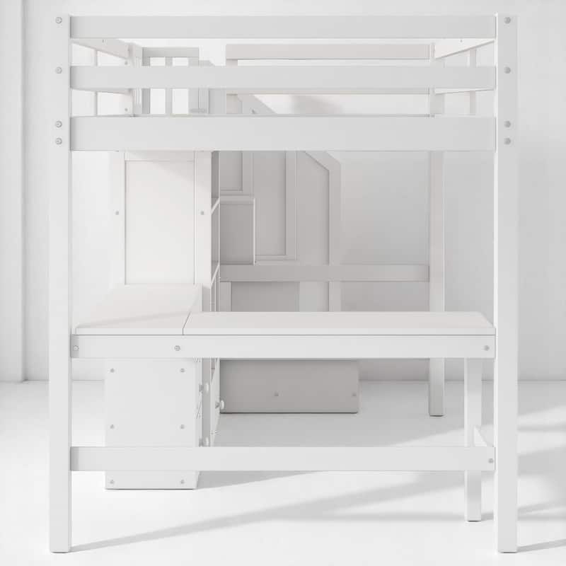 Space-Saving Full Loft Bed with Storage Stairs, Desk, Drawers & Cabinet - Solid Pine & MDF Construction