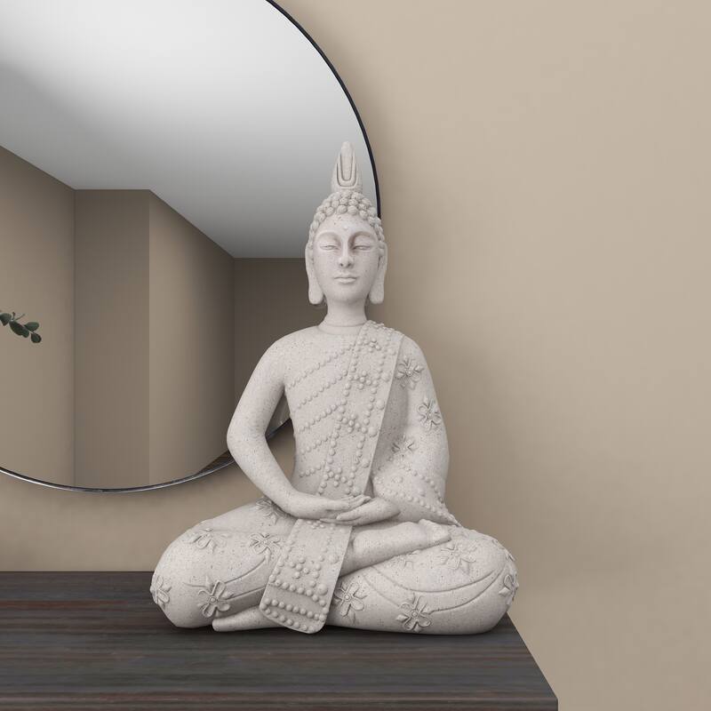 Gray Magnesium Oxide Indoor Outdoor Meditating Buddha Decorative Garden Sculpture with Floral Carvings and Beaded Details