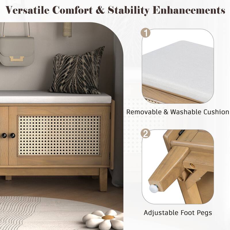 Roomfitters Entryway Storage Bench, Boho Rattan Cabinet, Hallway Organizer Seat with Cushion