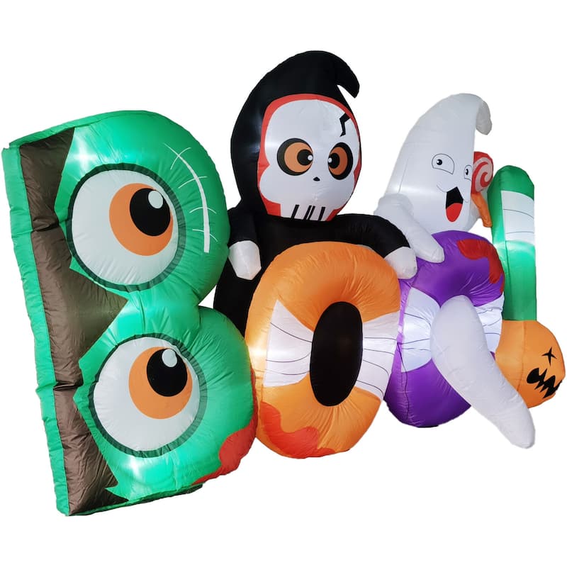 Haunted Hill Farm 8-ft. Wide Prelit Inflatable Boo Sign with Reaper and Ghost