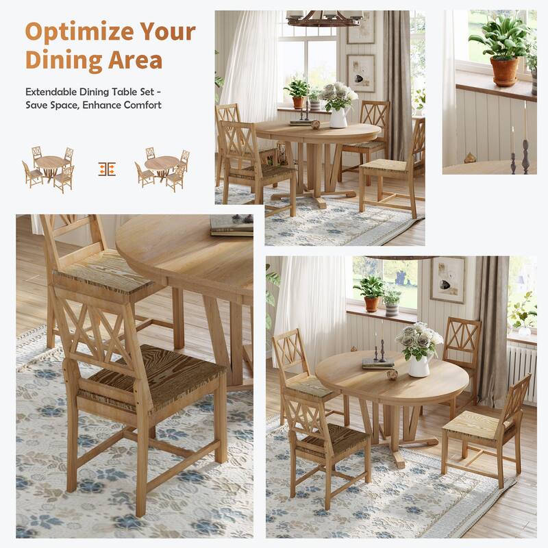 Extendable Dining Table Set Round Trestle Table and 4 Cross Back Dining Chairs