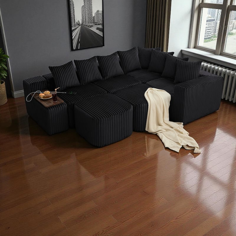 137.5" U-Shaped Modular Sofa with USB & Wireless Charging, Coffee Table Board, Cup Holders, Movable Footstool, Corduroy