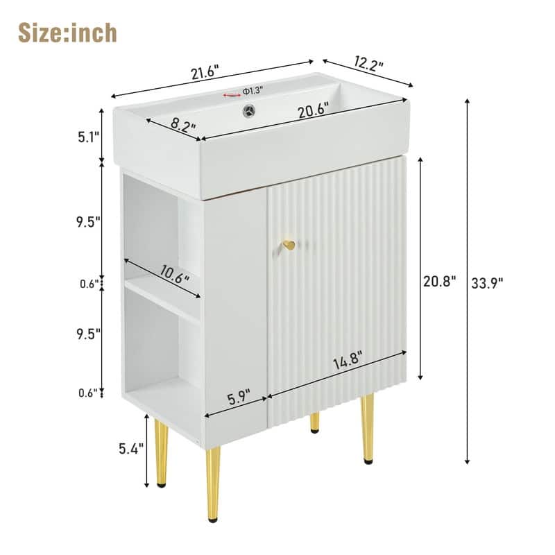21.6" white Bathroom vanity with Ceramic Sink, Left side storage