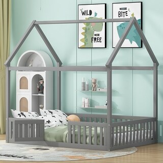 Full Size Woodden House Bed with Fence and Door, Gray