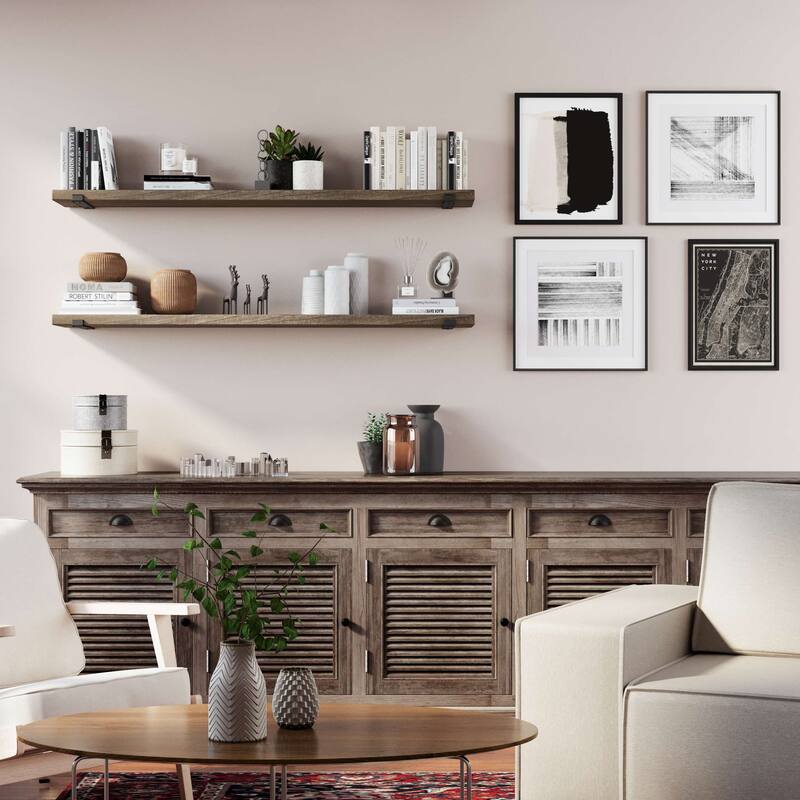 Wallniture Forte Wood Board 60" Long, 9.25'' Deep, 1.5" Thick, Floating Bookshelf for Wall with Metal Brackets, Farmhouse, 1pc - Espresso