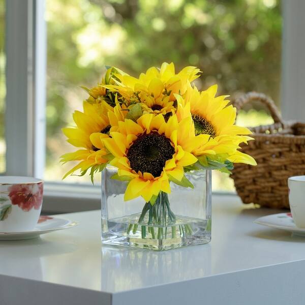 Enova Home Mixed Artificial Sunflowers Arrangement in Glass Vase For ...