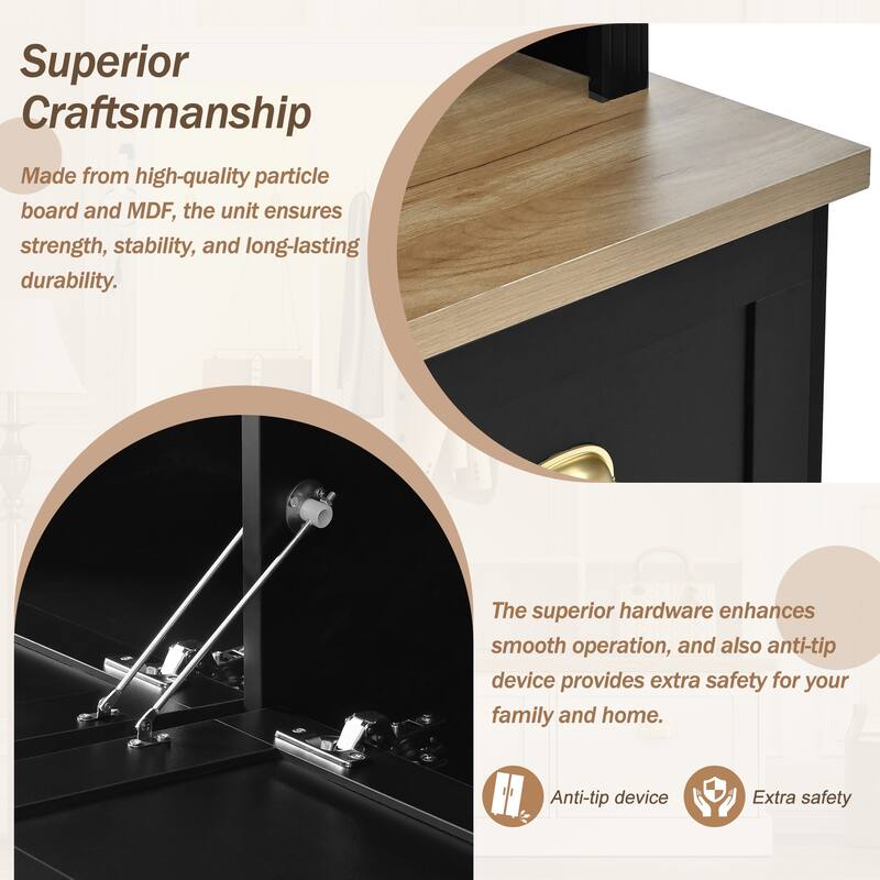 APP Controlled LED Hall Tree with Storage Bench - Farmhouse Entryway Bench with 9 Hooks, 3 Cabinets & Shelves for Mudroom