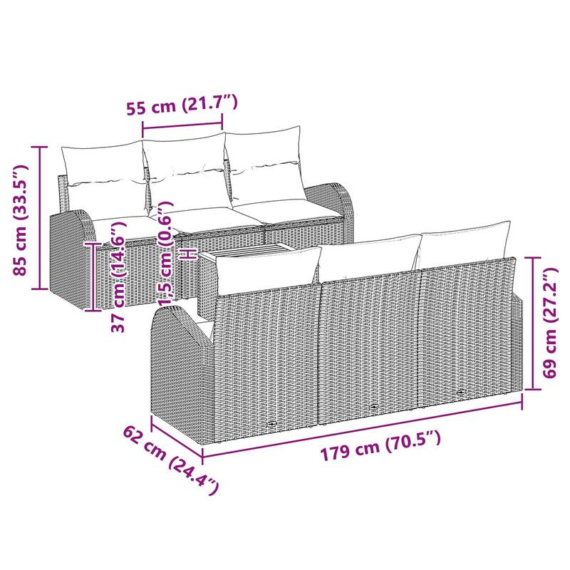 vidaXL 7 Garden Sofa Set with Cushions Black/Grey Poly Rattan - 70.5 x 24.4 x 27.2