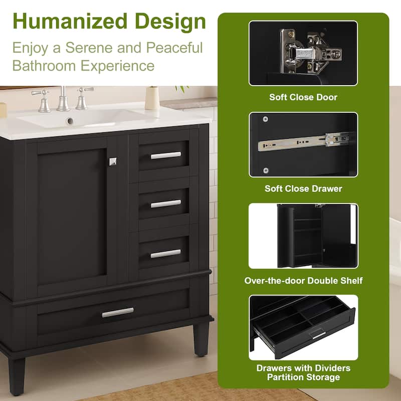 30" Modern Bathroom Vanity with Ceramic Sink, Solid Wood Frame, 1 Door & 3 Soft-Close Drawers, Freestanding