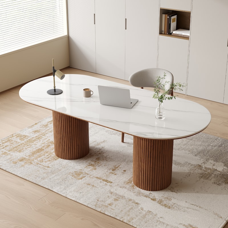 71" Modern Oval Writing Desk,Glossy White Office Table,with Double Solid Wood Legs, 3 Colors Optional