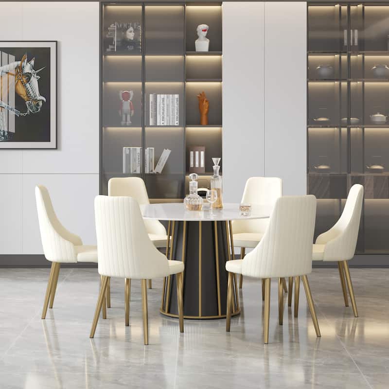Modern 53" Round White Dining Table for 6 Person Marble Top Gold & Black Pedestal