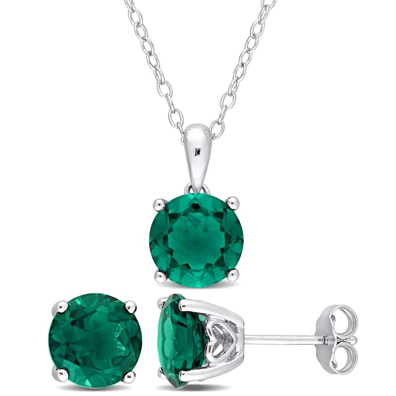 Miadora 5 3/5ct TGW Created-Emerald Set of Necklace and Earrings in Sterling Silver