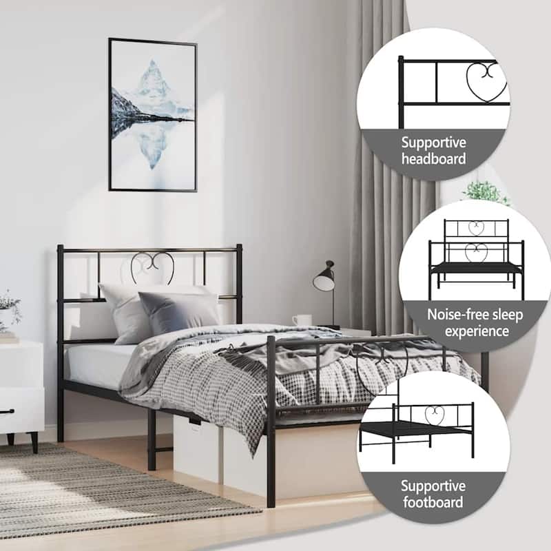 vidaXL Twin XL Metal Bed Frame with Headboard, Black, No Mattress - 81.5" x 41.3" x 35.4"