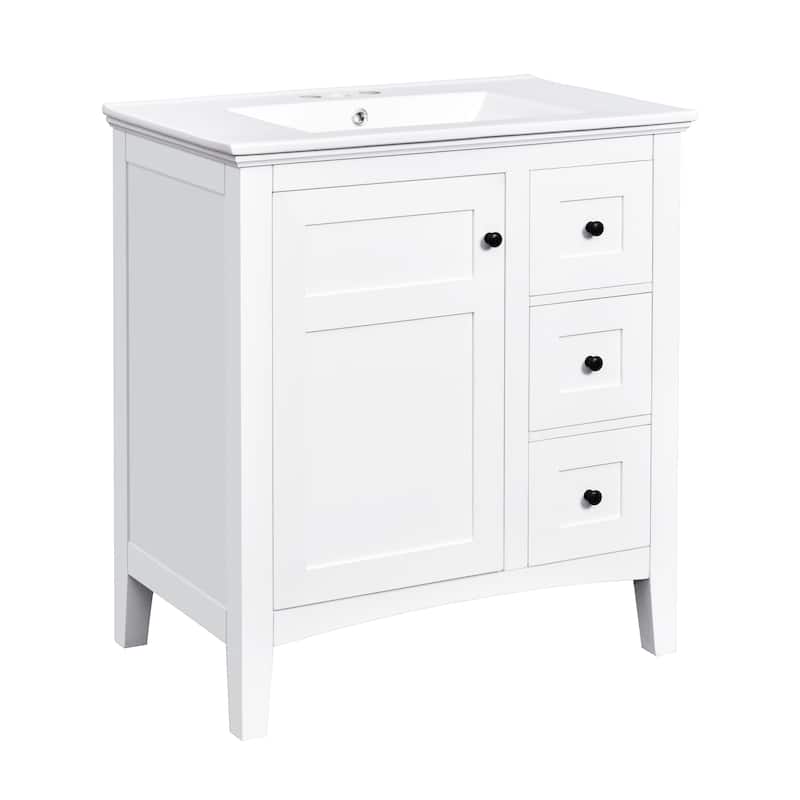 Modern Simple Bathroom Cabinet Freestanding Bathroom Vanity with Ceramic Sink, Tip-out Drawer, 2 Drawers and Side Door Organizer