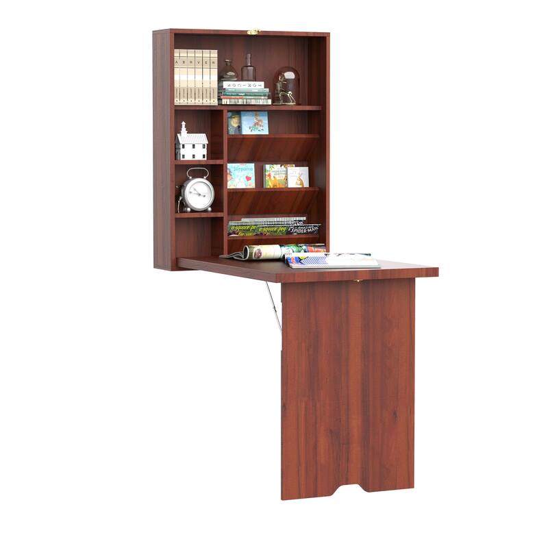 Space-Saving Fold-Out Wall Desk with Multiple Storage Compartments and Adjustable Shelves for Compact Spaces - Brown
