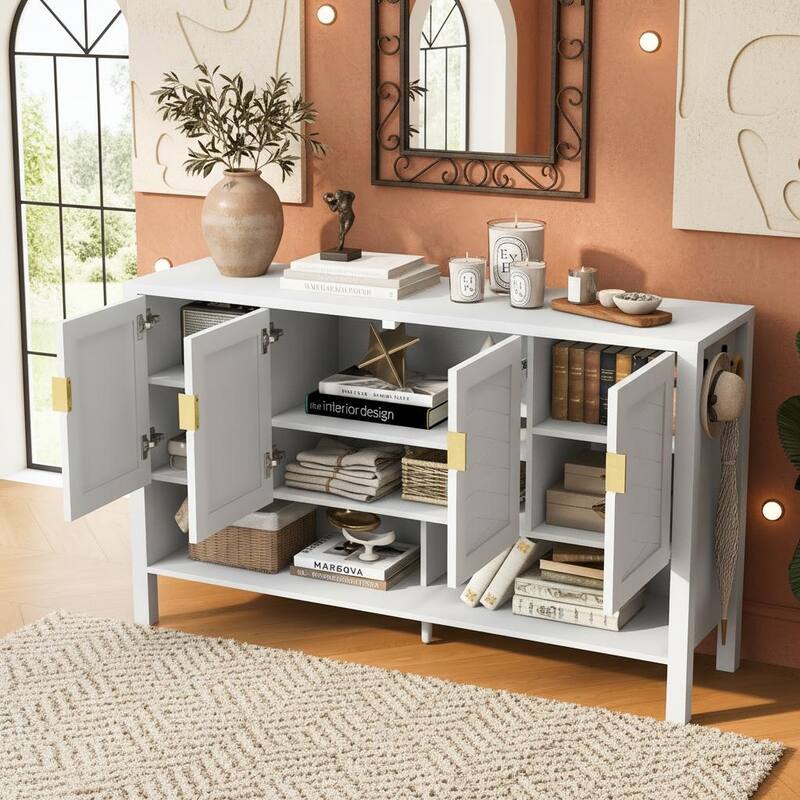 4-Door Geometric Storage Sideboard with Dual Hooks, Adjustable Shelves & Open Base Shelf by Harper&Bright Designs
