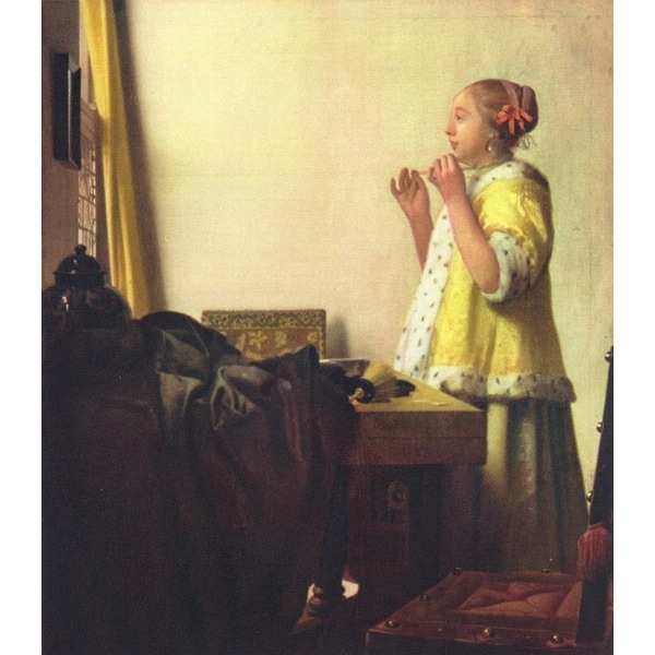 Easy Art Prints Johannes Vermeer's 'Woman with a pearl necklace' Premium Canvas Art