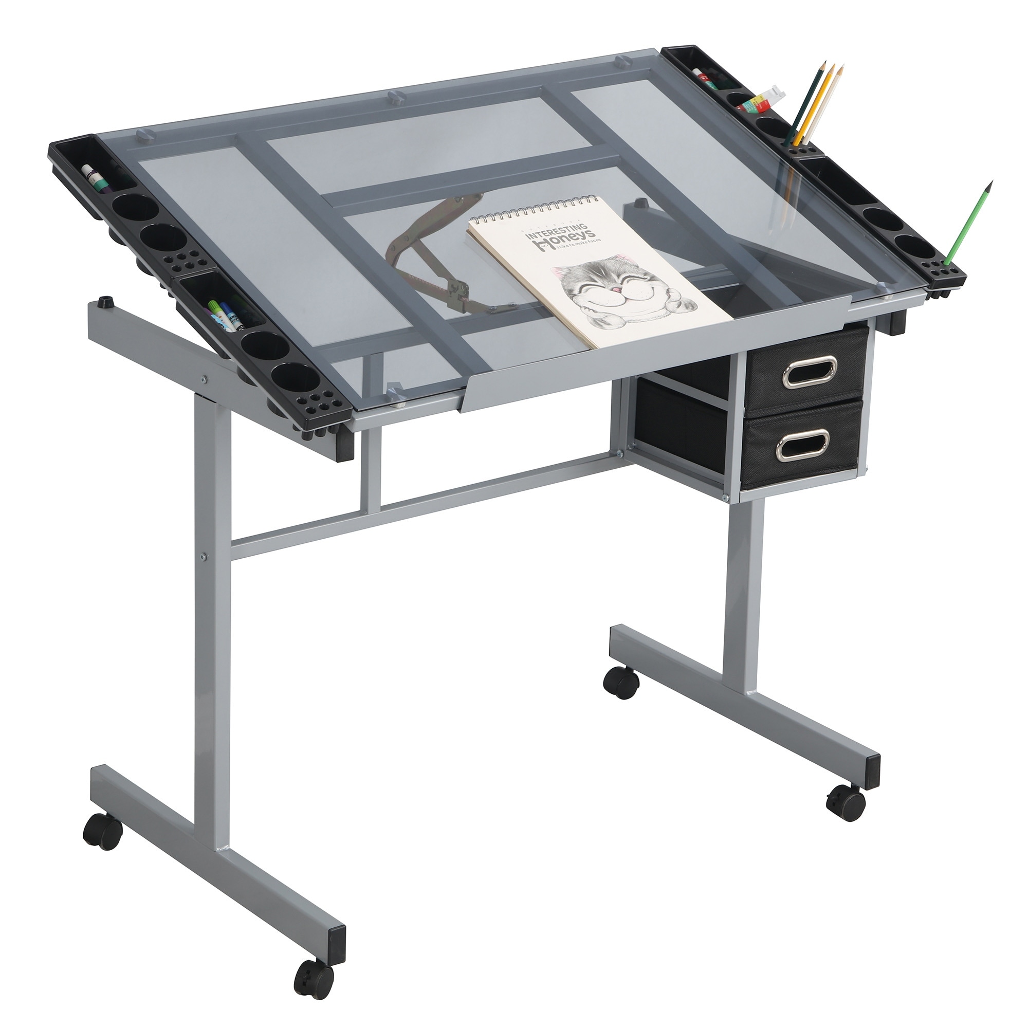 Adjustable Art Drawing Desk Craft Station Drafting with 2 fabric Drawers and 4 Wheels