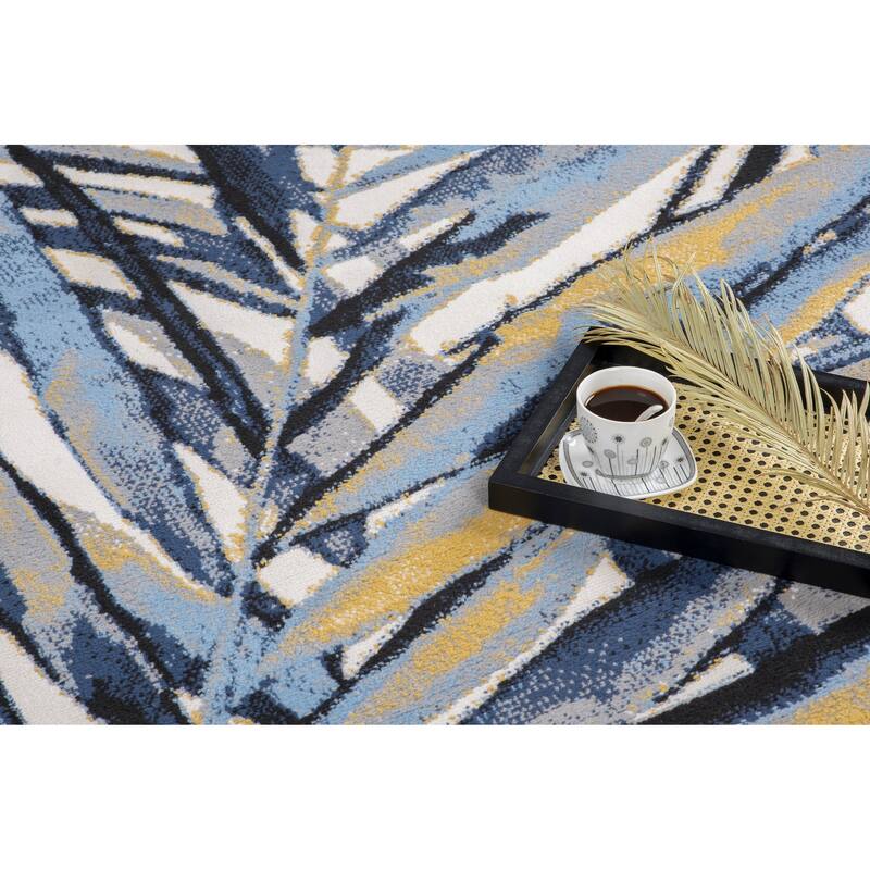 Lela Collection Blue, Grey, and Ivory Tropical Leaf Polyester Rug