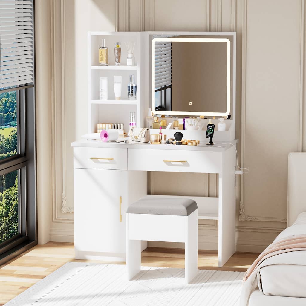 Vanity Desk with Lighten Mirror, 3 Color Mode Brightness Adjustable, ressing Table Set with Cabinet, Drawers, Shelves & Stool
