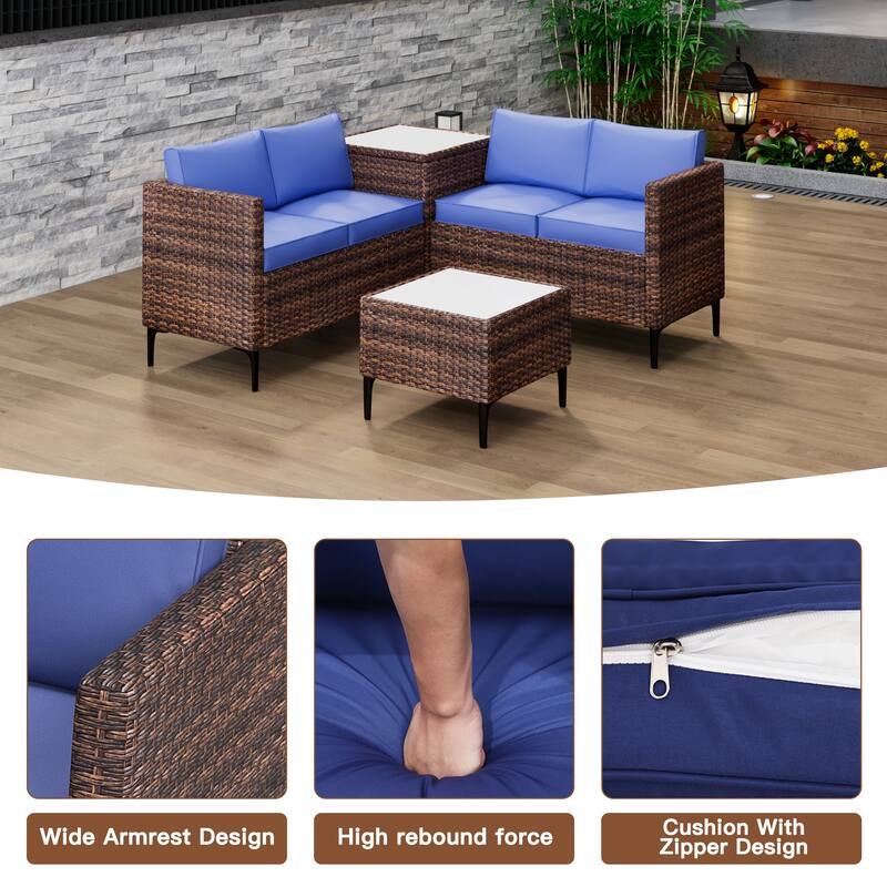 4-Piece Rattan Patio Set – Modular Sectional with Storage Box & Glass Table, Weather-Resistant for Outdoor Lounge,