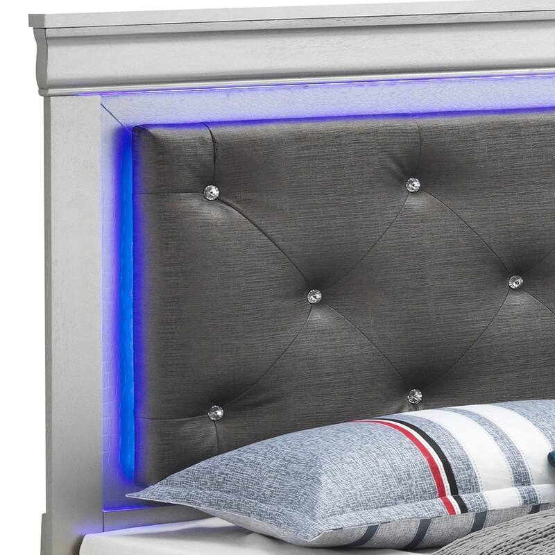 Queen Bed with Silver Champagne Finish, LED Headboard, Tufted Leather Upholstery