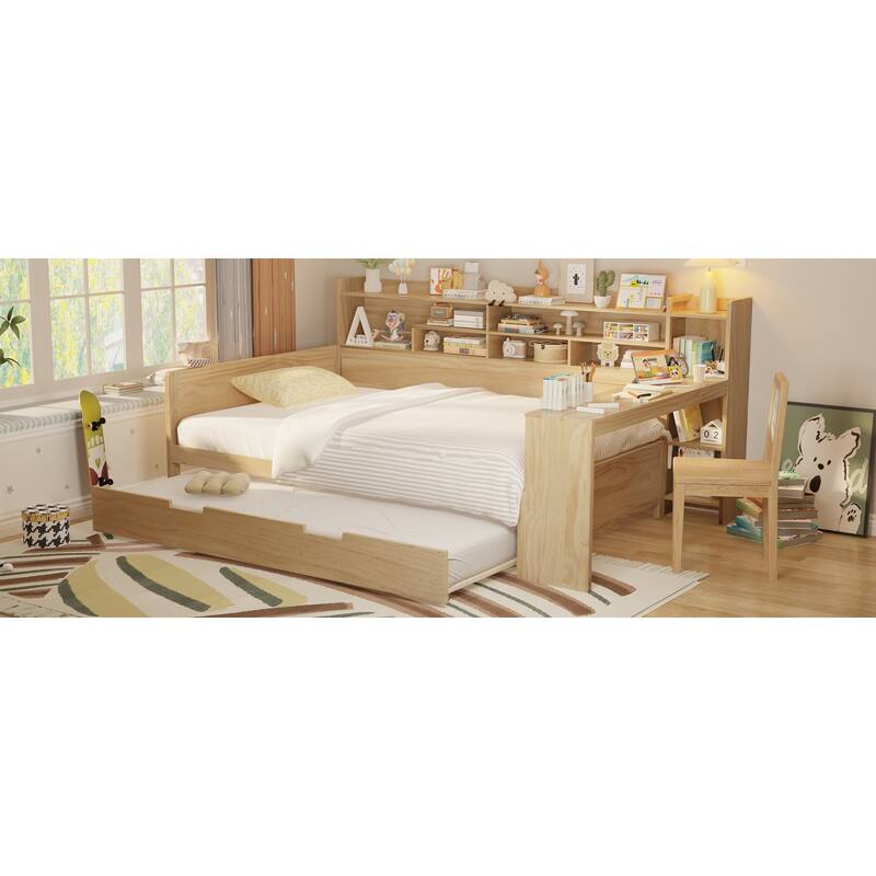 Multi-Functional Full Size Daybed with Study Desk & Storage Shelves, Includes Twin Trundle Bed, Natural Wood
