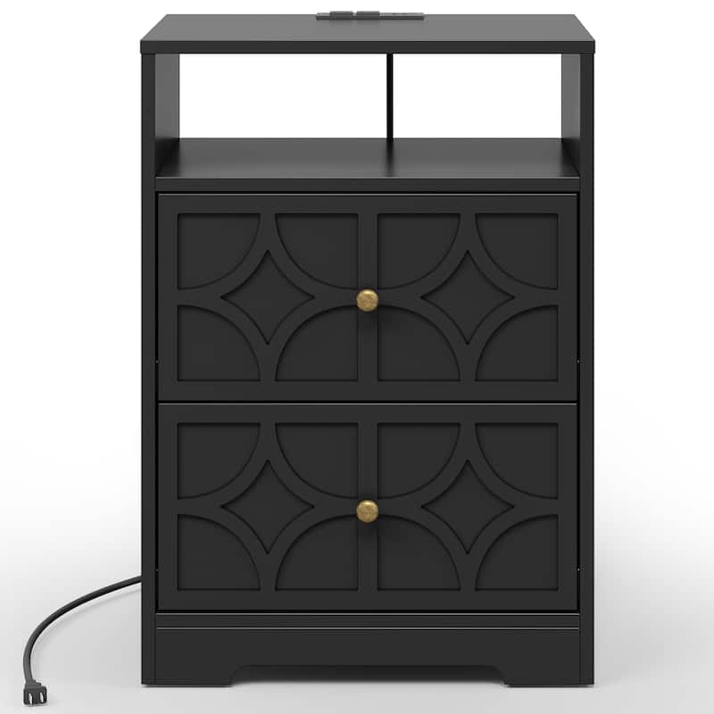 Large Night Stand with 2 Drawers and Charging Station - Black