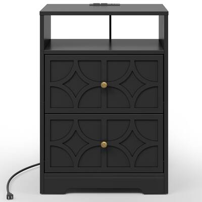 Large Night Stand with 2 Drawers and Charging Station