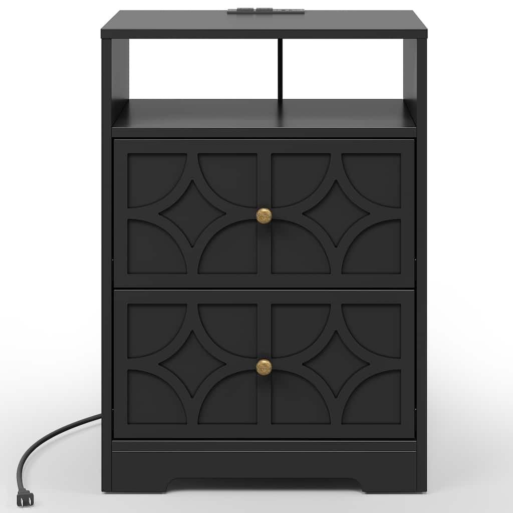 Large Night Stand with 2 Drawers and Charging Station