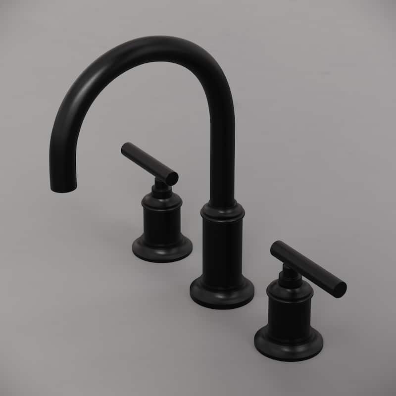 Modern Gooseneck Spout Widespread Deck Mount Lavatory Faucet F2-0014 in Matte Black Finish with Cylindrical Lever Handles