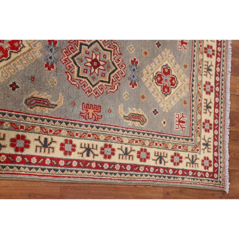 Gray Geometric Kazak Accent Rug Hand-Knotted Wool Carpet - 2'8" x 4'1"