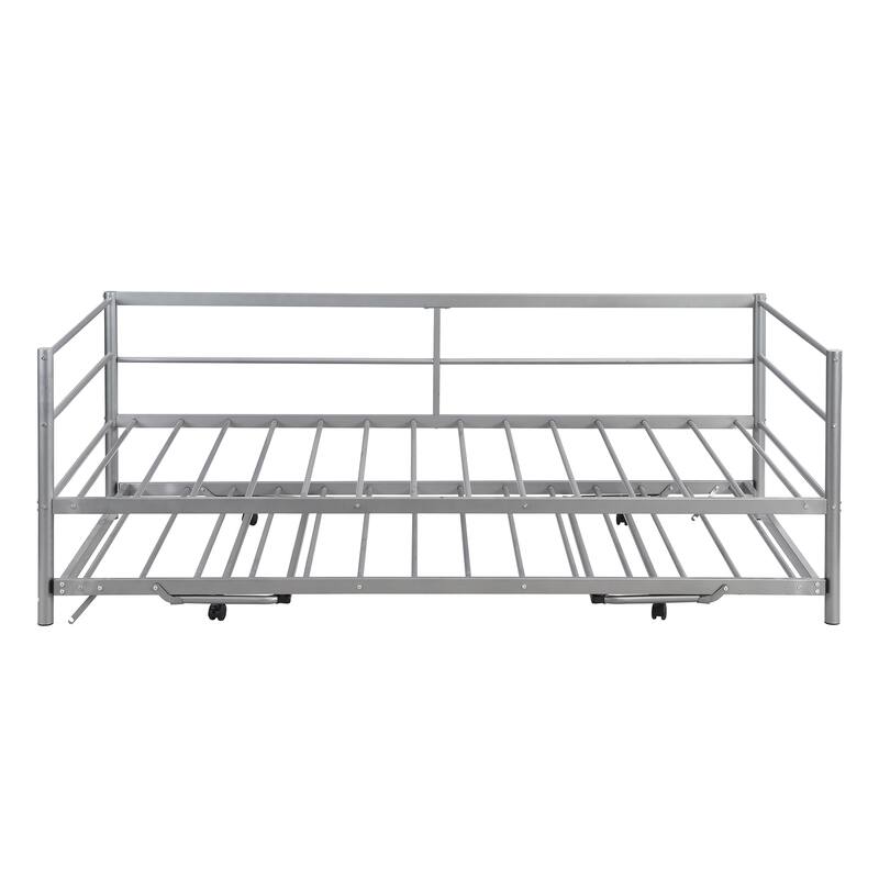 Twin Size Steel Daybed with Adjustable Trundle, Living Room Twin Sofa Bed, Heavy Duty Metal Bed Frame with Pop Up Trundle