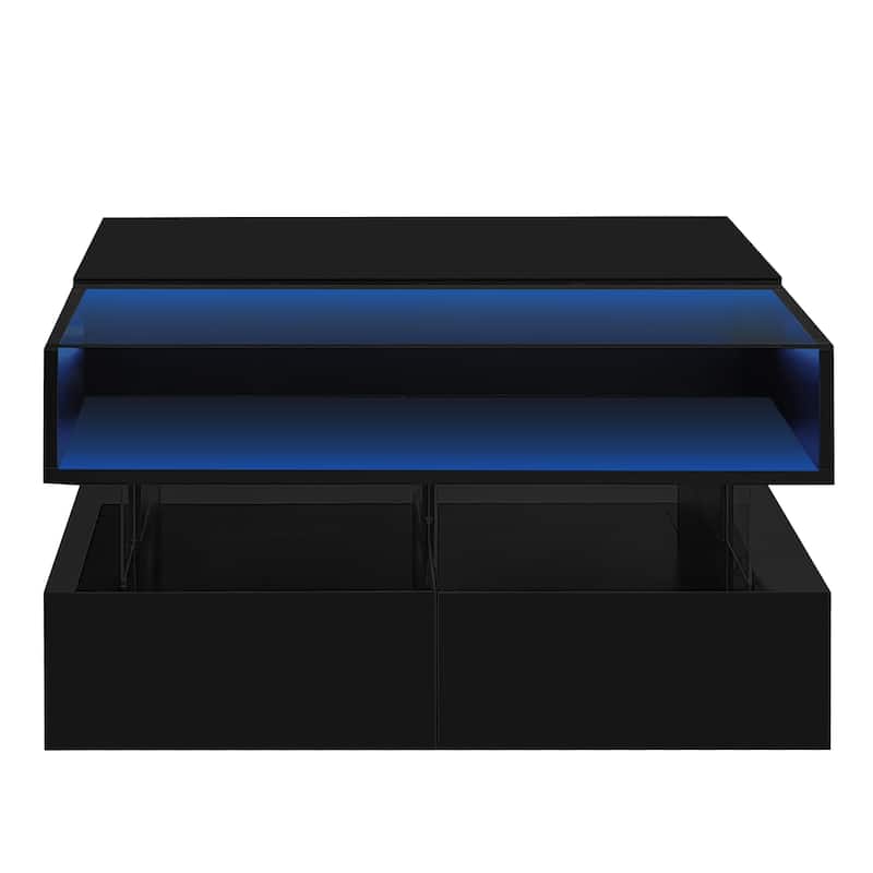 Lift-Top Coffee Table with 2 Drawers, Modern Square Coffee Table with Glass Top and High-Gloss Finish