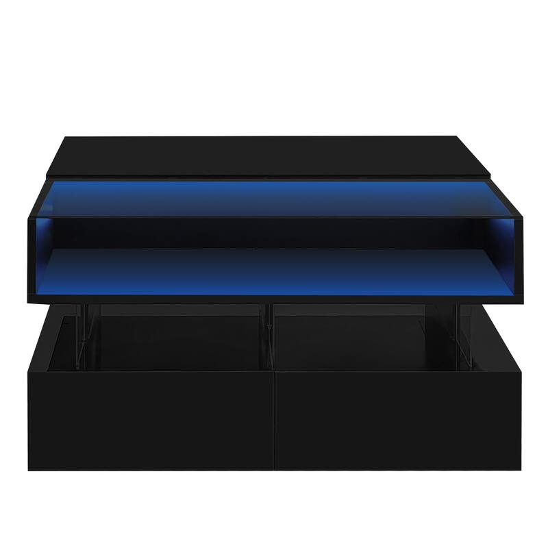 Roomfitters Lift-Top Square Coffee Table with Glass Surface, Hidden Storage, High Gloss Finish
