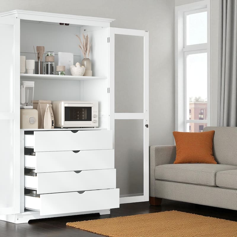 75" Solid Pine Wood Kitchen Pantry Cabinet with Glass Doors and 4 Drawers, Freestanding Storage Display Cabinet for Dining Room