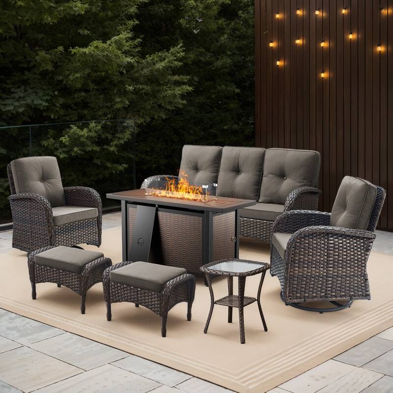 Gymojoy 7-Piece Outdoor Wicker Set with Fire Pit, 3-Seater Sofa, Swivel Chairs & Ottomans